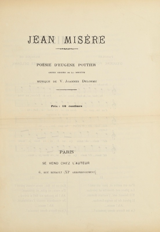 POTTIER (Eugène). Jean Misère. Poésie d'Eugène Pottier ancien membre de la Commune. Musique de V. Joannès Delorme. Paris, Se vend chez l'auteur ; Typ. N. Blanpain,