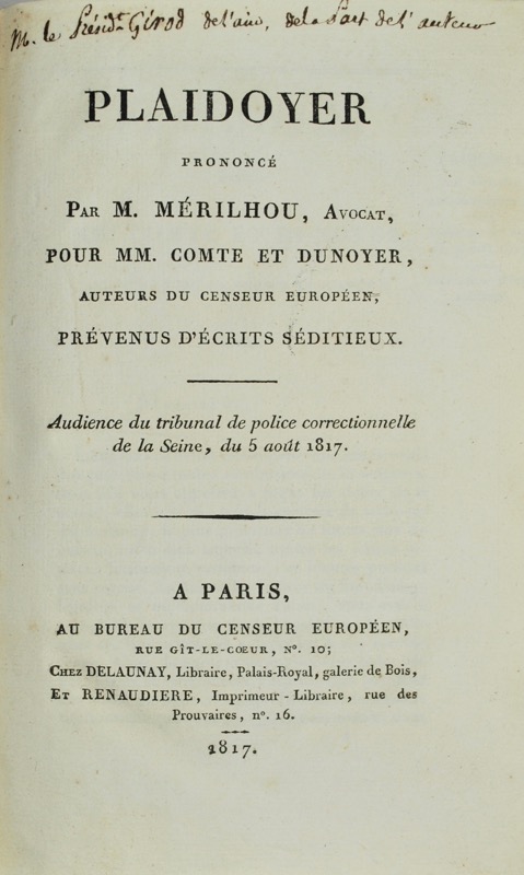 [Procès de presse]. Plaidoyer prononcé M. Mérilhou - Bonnefoi Livres Anciens