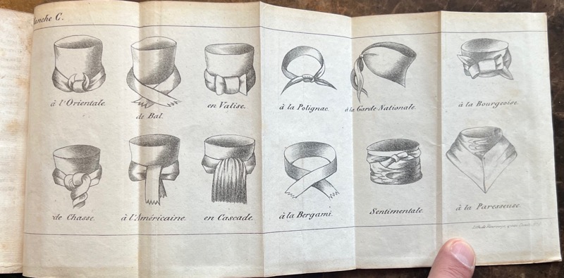 SAINT-HILAIRE (Émile Marco de). L'Art de mettre sa cravate de mille et une manière enseigné par principes, précédé de l'histoire de la cravate, depuis son origine jusqu'à ce jour ; de considérations sur l'usage des cols, de la cravate noire et des foulards ; et suivi d'une liste par ordre alphabétique des marchans de cravates, de foulards, de cols, etc. Par le Bon Emile de l'Empésé, membre de la plupart des Sociétés les plus à la mode de la capitale. Orné de figures explicatives du texte, et de portraits représentant trois époques de la cravate. – Image 4