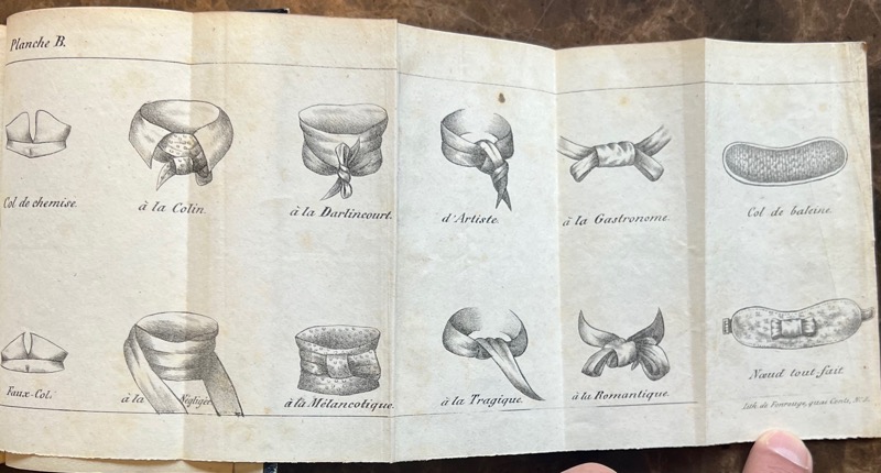 SAINT-HILAIRE (Émile Marco de). L'Art de mettre sa cravate de mille et une manière enseigné par principes, précédé de l'histoire de la cravate, depuis son origine jusqu'à ce jour ; de considérations sur l'usage des cols, de la cravate noire et des foulards ; et suivi d'une liste par ordre alphabétique des marchans de cravates, de foulards, de cols, etc. Par le Bon Emile de l'Empésé, membre de la plupart des Sociétés les plus à la mode de la capitale. Orné de figures explicatives du texte, et de portraits représentant trois époques de la cravate. – Image 5