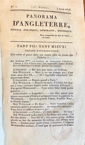 MALO (Charles). Panorama d'Angleterre, Journal politique, littéraire et critique. 25 numéros, servant d'Introduction aux Ephémérides [Suivi de :] Panorama d'Angleterre, ou Éphémérides anglaises, politiques et littéraires. Tome Ier (orné de quatre gravures).