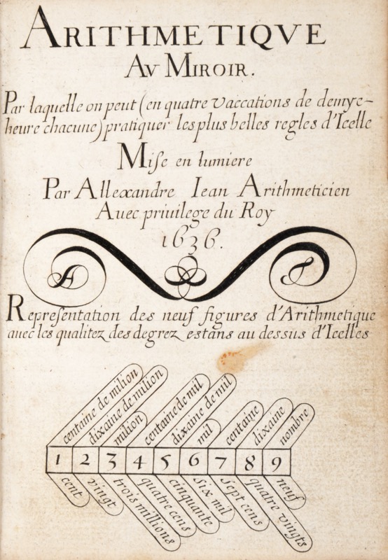 JEAN (Alexandre). Arithmétique au Miroir. Par laquelle on peut (en quatre vacations de demie heure chacune) pratiquer les plus belles regles d'icelle. Mise en lumiere par Alexandre Jean, Arithmeticien.
