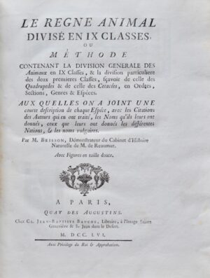 BRISSON (Mathurin-Jacques). Le Règne animal divisé en IX classes.
