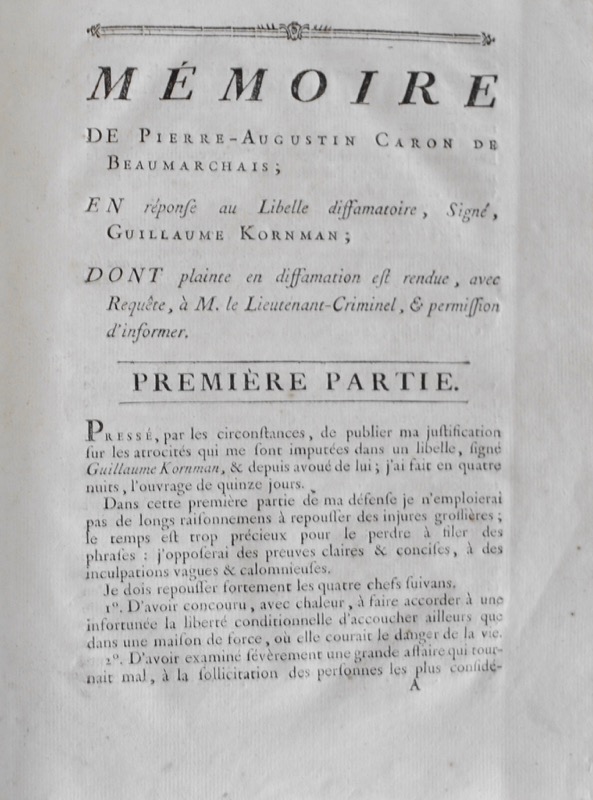 BEAUMARCHAIS (Pierre-Augustin Caron de). Mémoire de Pierre Caron de Beaumarchais - Bonnefoi Livres Anciens