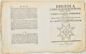 [Typographie]. SIMMOSCHORUINUS. Epistola Ladislai Simmoschoruini, Tusci-Romae et a Sorbona lutetiae parisiorum probata nunc primum... in lucem atque ad Cl. V. Justinum Febronirum ictum emanata.