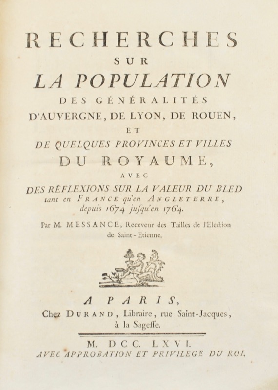 MESSANCE (Louis). Recherches sur la Population des Généralités d&rsquo;Auvergne - Bonnefoi Livres Anciens
