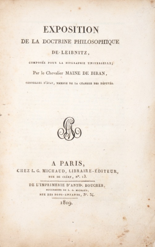 MAINE DE BIRAN. Exposition de la Doctrine Philosophique de Leibnitz - Bonnefoi Livres Anciens