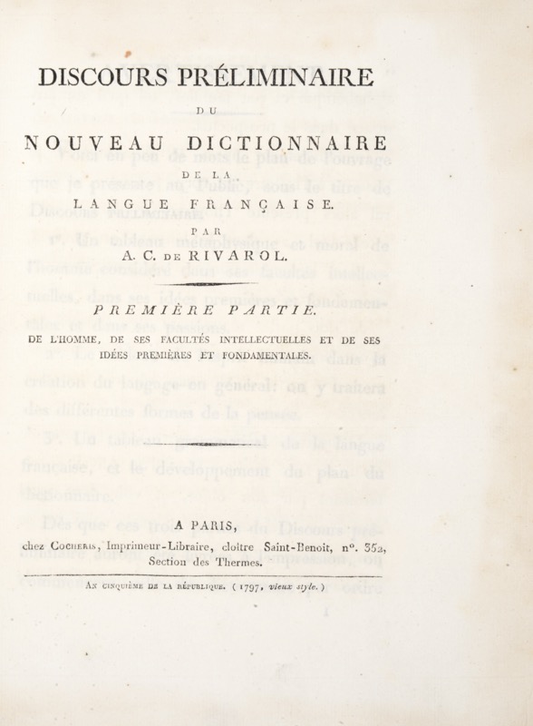 RIVAROL (Antoine de). Discours préliminaire du nouveau dictionnaire de la... - Bonnefoi Livres Anciens