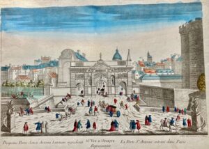 [Vue d'optique. Paris. Porte Saint-Antoine]. 66e Vue d'Optique Représentant la Porte St Antoine entrant dans Paris.