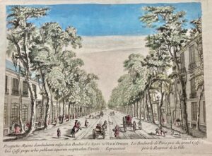 [Vue d'optique. Paris. Boulevard du Temple c. 1750]. 32e Vue d'Optique représentant les Boulvards (sic) de Paris pris du grand Caffé près le Réservoir de la Ville.