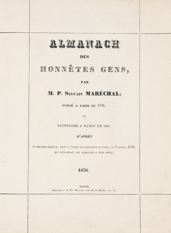 MARÉCHAL (Sylvain). Almanach des honnêtes gens publié à Paris en 1788 et... - Bonnefoi Livres Anciens