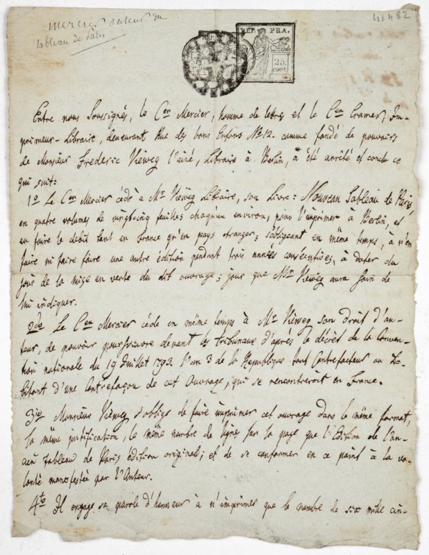 MERCIER (Louis-Sébastien), Cramer (Karl Friedrich). Convention "sous seing privé" établie, rédigée et signée par Louis-Sébastien Mercier et Karl Friedrich Cramer.