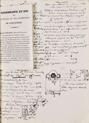 Roguet (Christophe-Michel). [‎Ordonnance du roi du 4 mars 1831 sur l'exercice et les manoeuvres de l'infanterie. Manuscrit]. Développement de la Théorie du 4 mai 1832 commencé en 1832. Commencé en 1832 au 14e léger.