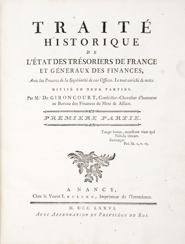 Gironcourt (Henri-Antoine de). Traité historique de l&rsquo;État des Trésoriers... - Bonnefoi Livres Anciens
