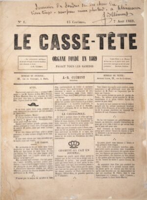 CLÉMENT (Jean-Baptiste). Le Casse-Tête. Organe fondé en 1869. - Bonnefoi Livres Anciens
