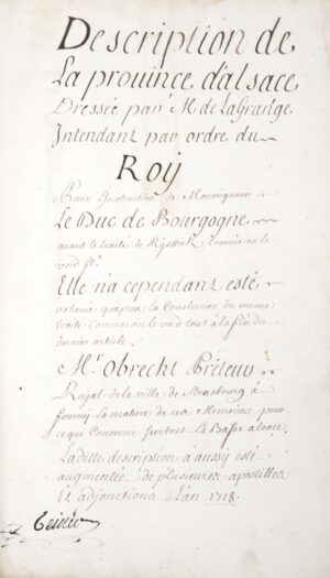 LA GRANGE (Jacques François de). Mémoire sur la Province d&rsquo;Alsace... - Bonnefoi Livres Anciens