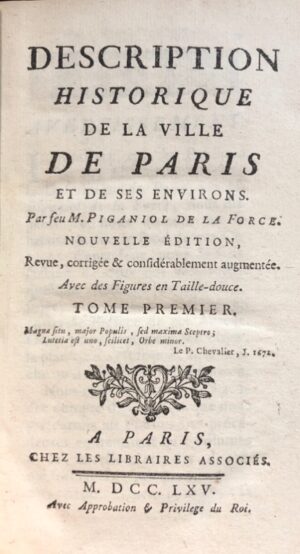 PIGANIOL DE LA FORCE (Jean-Aimar). Description historique de la Ville de Paris... - Bonnefoi Livres Anciens