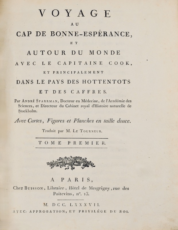 SPARRMAN (Anders). Voyage au Cap de Bonne-Esperance, et autour du monde avec le Capitaine Cook, et principalement dans le pays des hottentots et des caffres.