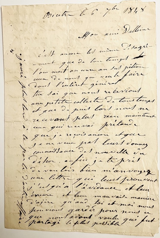 SUIREAU (Aimé). Correspondance manuscrite d'Aimé Sureau, ouvrier tailleur insurgé à Rouen lors des journées des 27 et 28 avril 1848, un des dirigeants de la grande grève pour les salaires entre juin et septembre 1848.