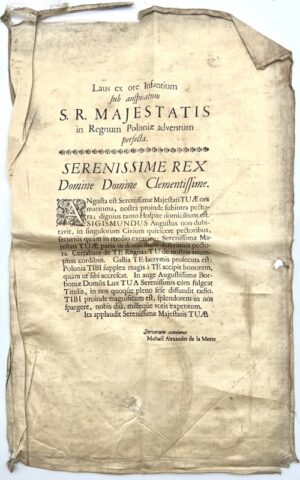 [Pologne. Impression sur soie. XVIIIe]. Laus ex ore Infantium sub auspicatum S.R. Majestatis in Regnum Poloniae adventum perfecta.