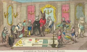 [Gabanon parodié. Les Animaux anthropomorphes]. Assemblée de Nouveaux Francs-Maçons pour la Réception des Apprentifs.