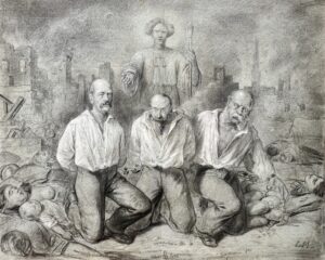 [Guerre de 1870 - Commune]. Bismarck, Napoléon III et Guillaume Ier de Prusse en chemise et à genoux sur un champ de ruines et de cadavres, condamnés par la Justice.