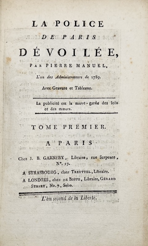 MANUEL (Louis-Pierre). La Police de Paris dévoilée, par Pierre Manuel, l'un des administrateurs de 1789. – Image 2