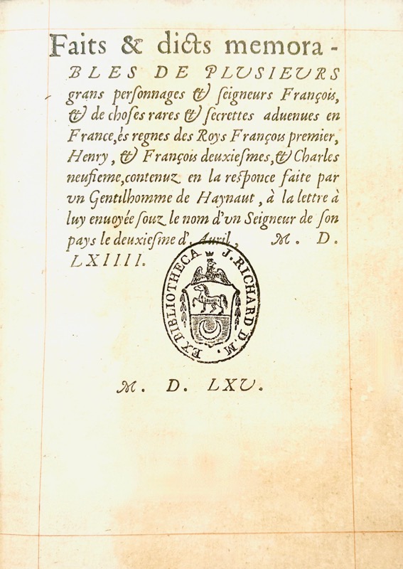 [Querelle de la rue Saint-Denis. 1565]. Faits et Dicts Memorables de plusieurs... - Bonnefoi Livres Anciens