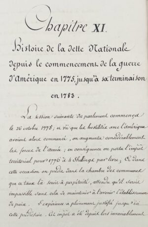 GRELLIER (John James). [Manuscrit]. Histoire de la dette nationale d'Angleterre depuis la Révolution en 1688 jusqu’au commencement de l’année 1800. Avec un exposé préliminaire des dettes contractées avant cette époque par feu J.J. Grellier, Caissier de la Compagnie d'assurance de la Bourse.