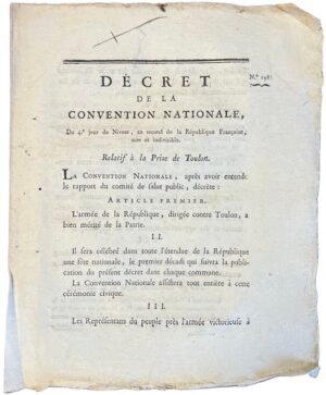 Décret de la Convention Nationale, Du 4e jour de Nivose, an second de la République Françoise, une et indivisible. Relatif à la Prise de Toulon.