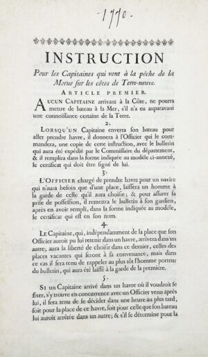 [Terre-neuvas]. Instruction pour les capitaines qui vont à la pêche de la morue sur les côtes de Terre-Neuve.