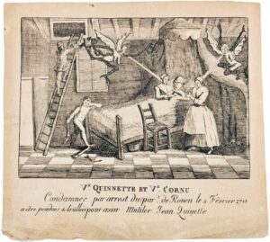 [Affaire Quinette - Rouen]. Vᵉ Quinnette et Vᵉ Cornu condamnées par arrest du par[lemen]t. de Rouen le 5. Février 1788 a être pendues & brûllées pour avoir Mutiler Jean Quinette.